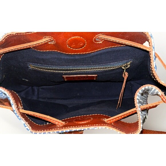 J. Jill Leather Fabric Bucket Large Tote Bag Boho Bag Brown Blue White - Picture 8 of 12